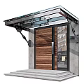 Modern Wooden Entrance Door Featuring Glass Panels Stone Steps And Concrete Frame With Glass Canopy