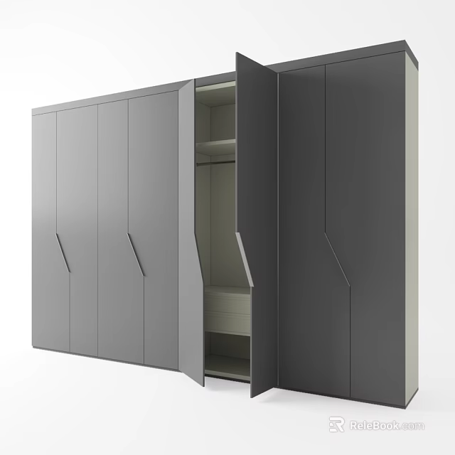 Modern Gray Wardrobe With Multiple Doors Open Door And Internal Storage Shelves 3d model