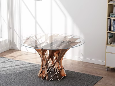 Transparent Glass Coffee Table With Crisscross Wooden Base In Sunlit Room On Gray Area Rug 3d model
