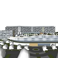 Modern Architectural Complex With Glass Facade Green Landscaping And Circular Plaza