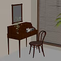 Dark Brown Wooden Dressing Table With Mirror Chair Green Plant And Window Blinds