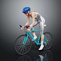 Cyclist In Blue Helmet Riding Blue Bicycle With Silver Tight Fitting Suit On Gray Background