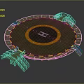 Circular Helicopter Landing Pad With Yellow Circle White H Green Surface And Ramps