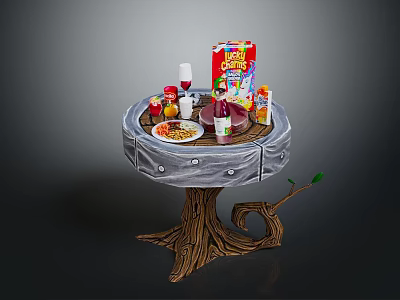 Rustic Tree Stump Wooden Table With Various Breakfast Items And Decorative Branch 3d model