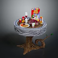 Rustic Tree Stump Wooden Table With Various Breakfast Items And Decorative Branch
