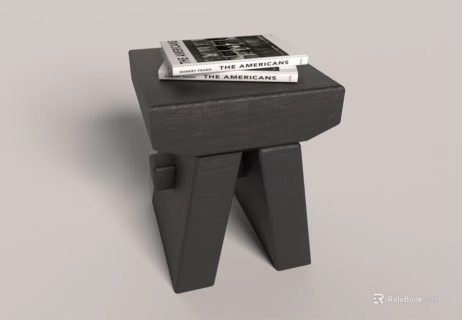 Black Minimalist Wooden Stool With Stack Of The Americans Books On Top 3d model 