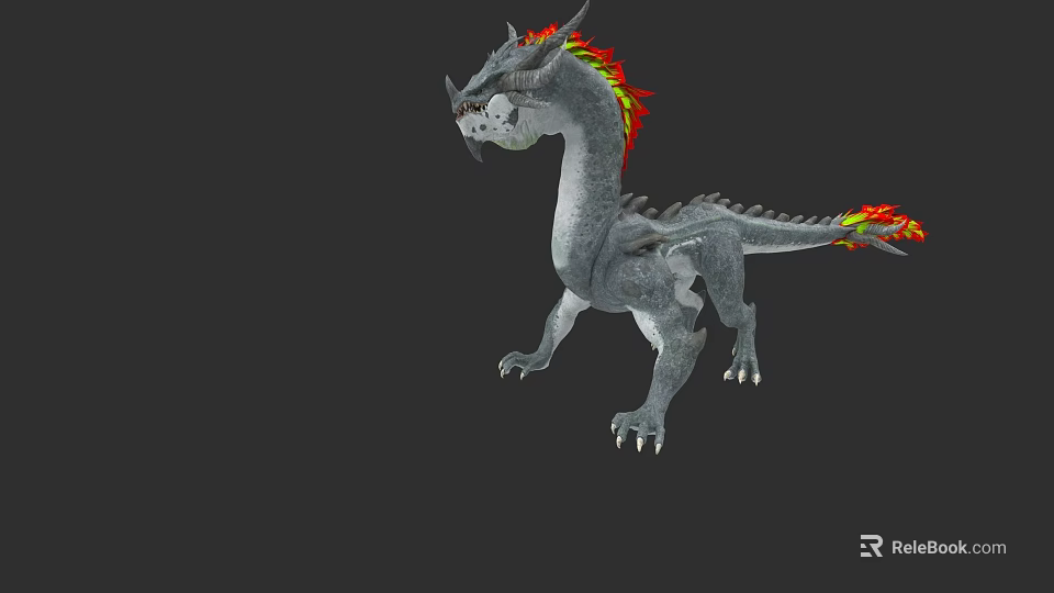 Mythical Reptile 3D Model With Gray Body Red Yellow Mane And Sharp Claws 3d model 