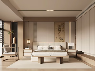 Neo Chinese Modern Bedroom Interior With Wooden Furniture Large Bed And Wall Painting Rug 3d model