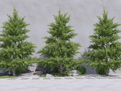 Three Green Arbor Trees With Stones And Grass Against Gray Wall 3d model