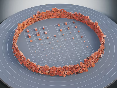 Circular Red Brick Structure With Grid Floor And Small Blocks Inside 3d model