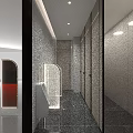 Modern Elegant Public Toilet With Marble Tiled Walls Illuminated Glass Partitions And Exquisite Wall Painting