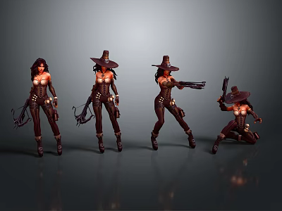 Female Characters In Brown Leather Outfits Wide Brimmed Hats And Weapons Various Action Poses 3d model