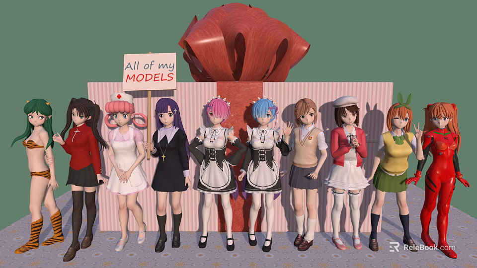 Female Models In Different Costumes With Red Bow And Sign Displaying All of my MODELS 3d model 