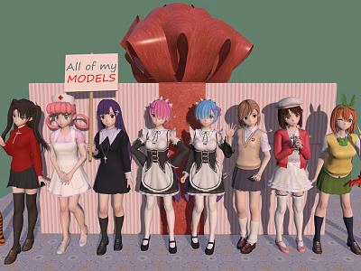 Female Models In Different Costumes With Red Bow And Sign Displaying All of my MODELS 3d model