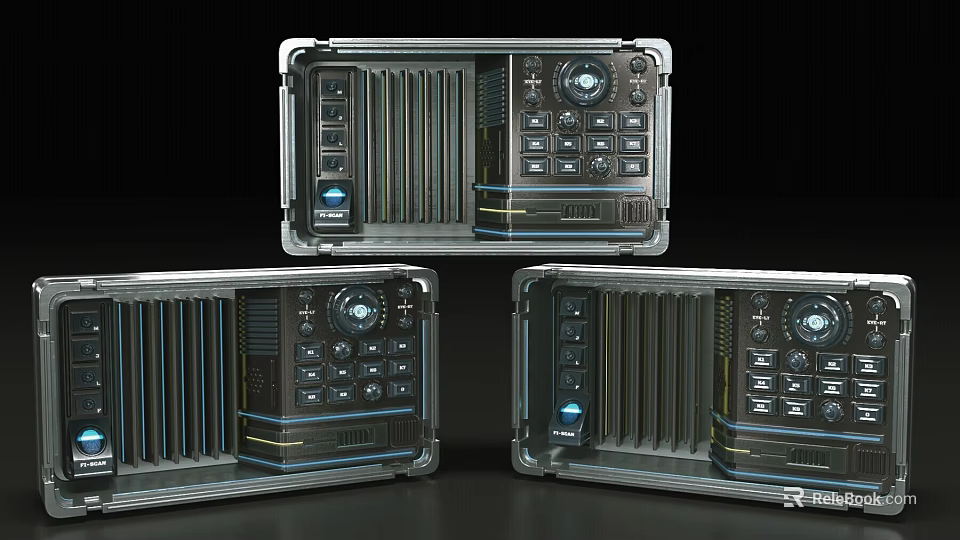 Three Modern Electronic Control Devices With Buttons Display Screens And Heat Sinks 3d model 