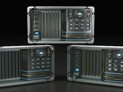 Three Modern Electronic Control Devices With Buttons Display Screens And Heat Sinks 3d model