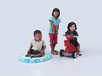 Three Children Playing Together With Blue Mat And Red Toy Car 3d model