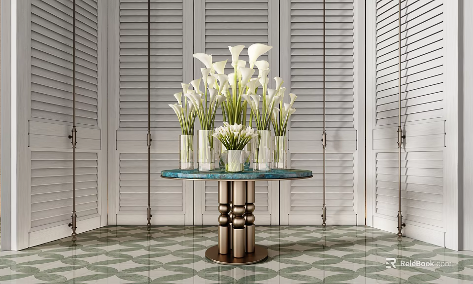 White Calla Lilies in Transparent Vases on Round Blue Glass Table with Metal Base 3d model 