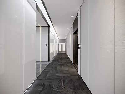 Modern Office Hallway Interior With White Walls Dark Carpet And Glass Partitions 3d model