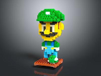 Lego Built Toy Figure With Green Hat Yellow Face Blue Overalls On Orange Base 3d model