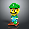 Lego Built Toy Figure With Green Hat Yellow Face Blue Overalls On Orange Base