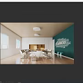 Modern Conference Room With Long Table White Chairs Green Wall Collaboration Words And Wooden Floor