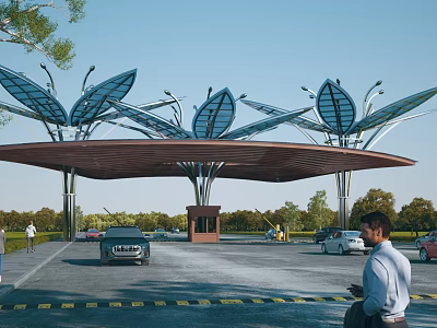 Modern Entrance Gate Featuring Leaf Shaped Canopy Metal Structure And Vehicles Passing Through 3d model