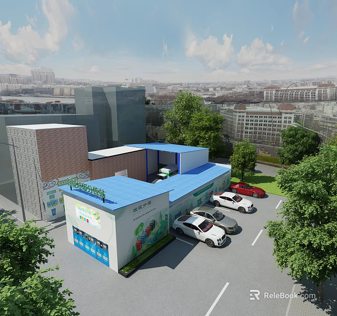 Community Service Center With Blue Roof Parking Lot Cars Trees And Urban View 3d model 