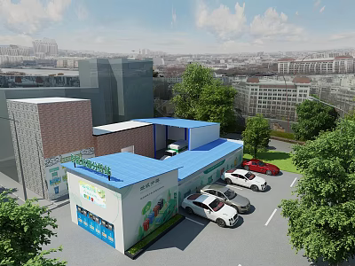 Community Service Center With Blue Roof Parking Lot Cars Trees And Urban View 3d model