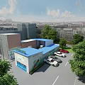 Community Service Center With Blue Roof Parking Lot Cars Trees And Urban View