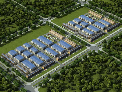 Large Scale Industrial Factory Park With Well Arranged Workshops And Surrounding Greenery 3d model