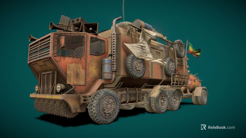 Rusty Multi Wheeled Armored Utility Vehicle With Antenna Large Tires And Military Equipment 3d model 