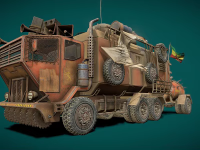 Rusty Multi Wheeled Armored Utility Vehicle With Antenna Large Tires And Military Equipment 3d model