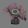 Cherry Blossom Themed Food Display On Stone Platform With Blue Glowing Symbols