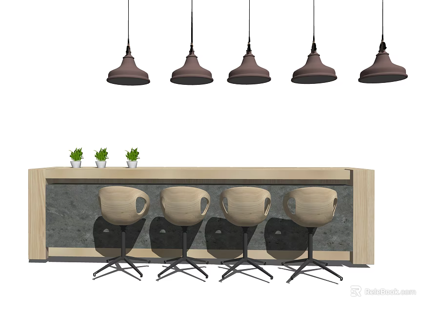 Modern Bar Interior With Pendant Lights Bar Stools And Small Plants 3d model