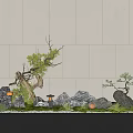 Tranquil Indoor Landscape With Gray Wall Rockery Pine Tree Stones Moss Lantern Pebbles And Lighting 3d model