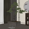 Pine Bonsai Plant In Square Pot With Traditional Screen And Round Wall Art