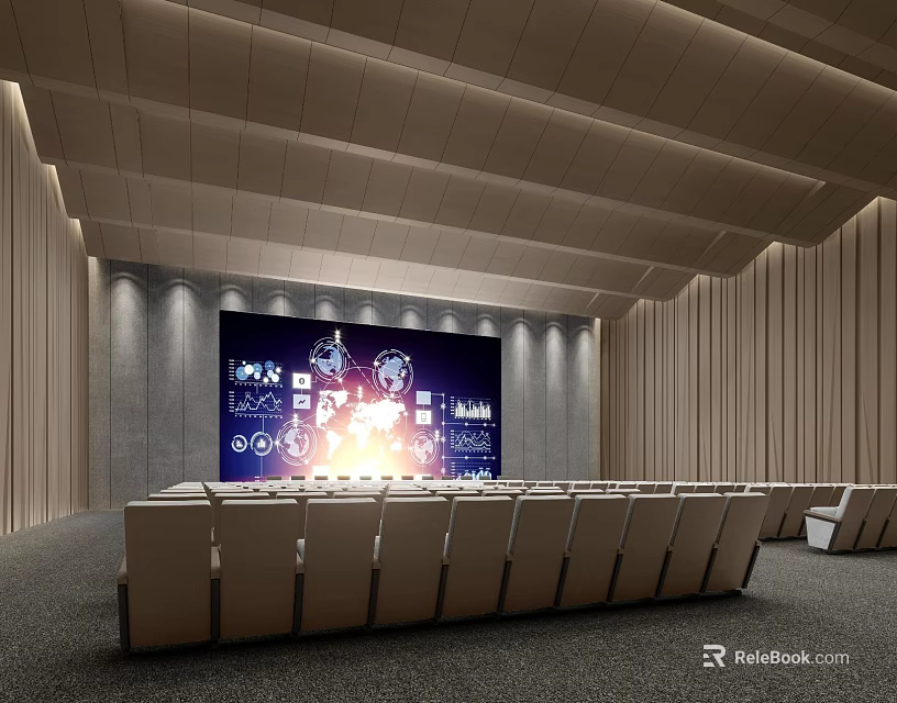 Modern Conference Room With Large Projector Screen And Rows Of Comfortable Seats 3d model 