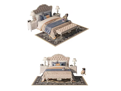 Elegant Double Bed with Upholstered Headboard Nightstands Table Lamps and Patterned Rug 3d model
