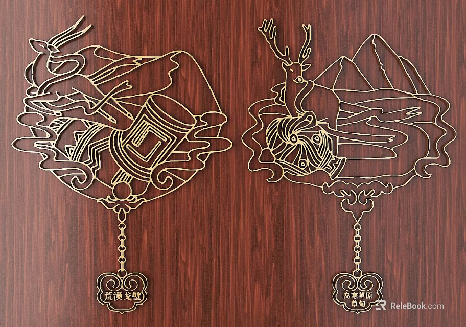 Traditional Golden Line Carved Decorations With Animal Mountain Water Patterns On Wooden Wall 3d model 