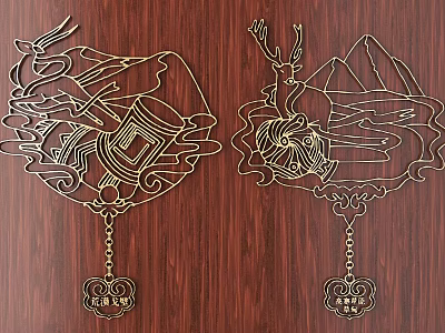 Traditional Golden Line Carved Decorations With Animal Mountain Water Patterns On Wooden Wall 3d model