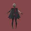 Blonde Woman In Black Leather Outfit Standing Against Red Background With Gloves