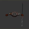 Steampunk Armored Character With Metal Helmet Orange Glowing Eye And Holding Glass Bottle