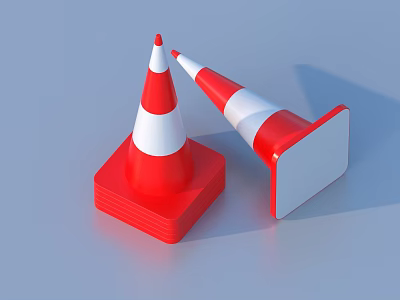 Red And White Striped Traffic Cones Standing Upright And Leaning On Blue Surface 3d model