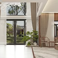 Traditional Duplex Living Room With Large Windows Bonsai And Curtains