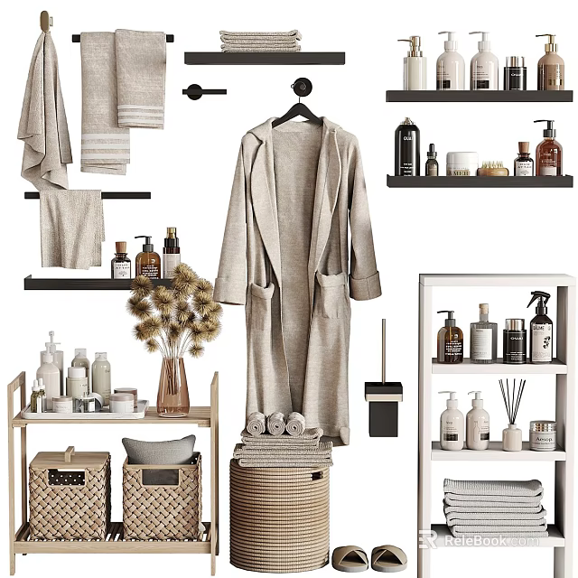 Organized Daily Laundry Essentials with Soft Towels Bathrobe and Bath Products on Shelves and Baskets 3d model 