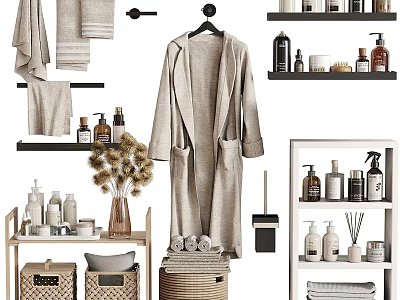 Organized Daily Laundry Essentials with Soft Towels Bathrobe and Bath Products on Shelves and Baskets 3d model