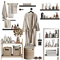 Organized Daily Laundry Essentials with Soft Towels Bathrobe and Bath Products on Shelves and Baskets