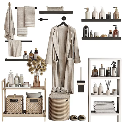 Organized Daily Laundry Essentials with Soft Towels Bathrobe and Bath Products on Shelves and Baskets 3d model