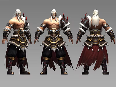 Muscular White Haired Warrior Game and Film Character With Armored Outfit and Red Cape 3d model